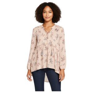 Knox Rose Small Blush Pink Floral Neck Tie High Low Long Sleeve Semi Sheer Blo…